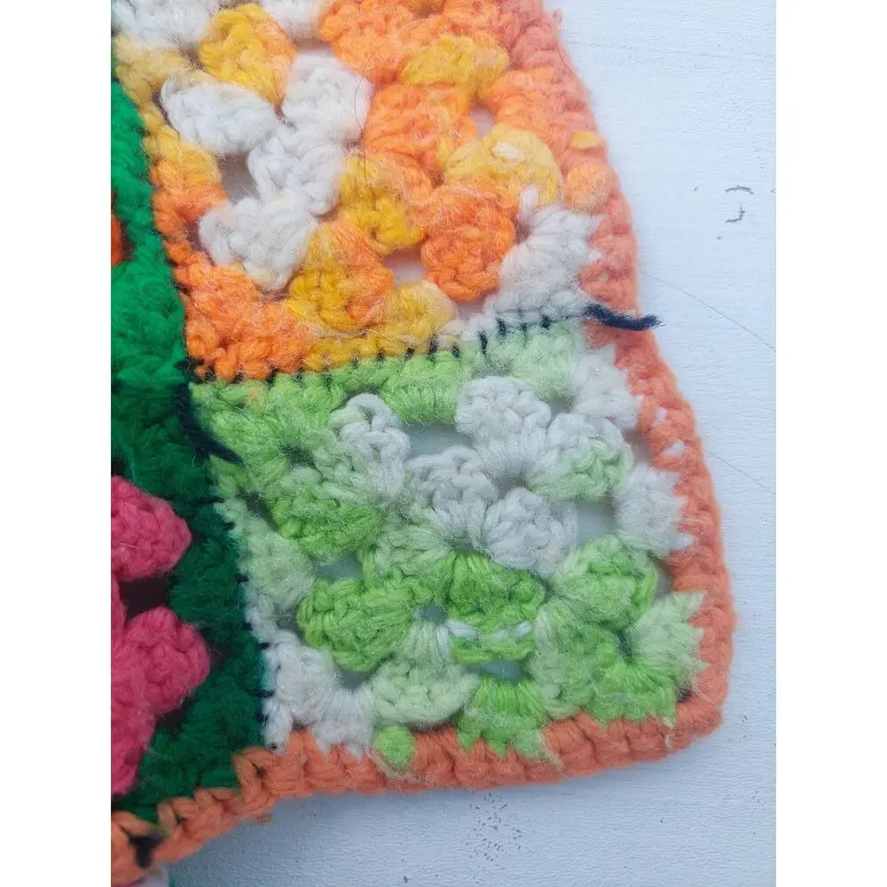 VTG Large Handmade Crochet Afghan Granny Square Blanket Hand Sewn Made Dopamine